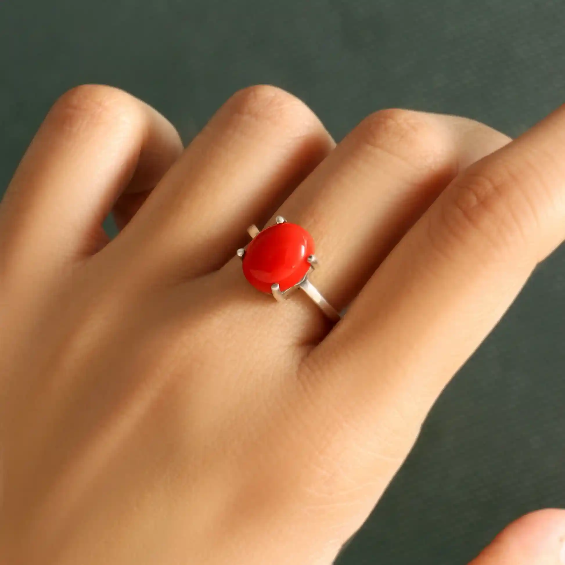 Natural Red Coral Gemstone Ring in 925 Sterling Silver